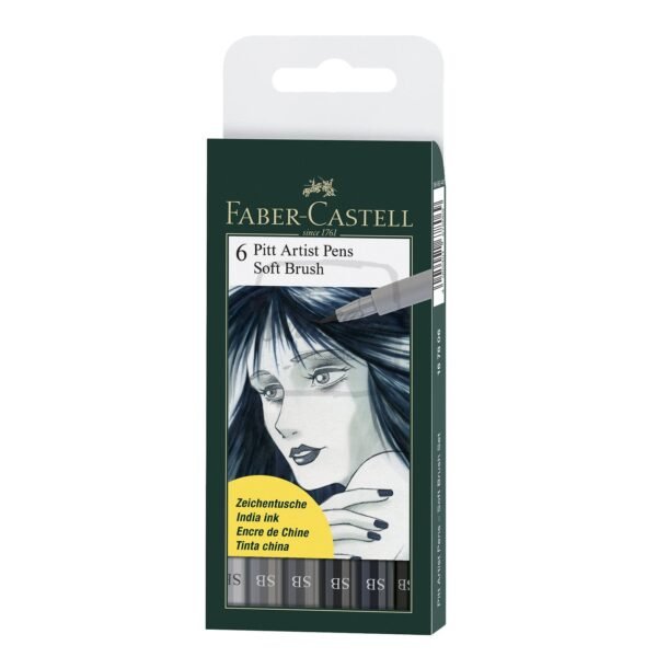 India Ink PITT Artist Pen SB 6xCold Greys, Dark Indigo & Black - Faber-Castell